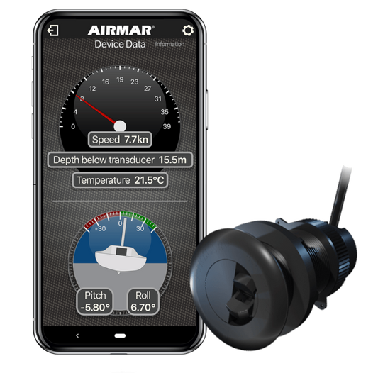 Smartphone displaying Airmar app with marine sensor on a white background