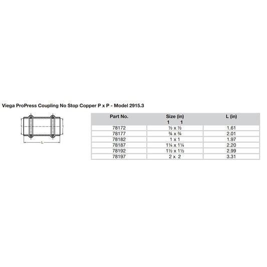 Viega ProPress 34 Copper Coupling wo Stop Double Press Connection Smart Connect Technology 78177