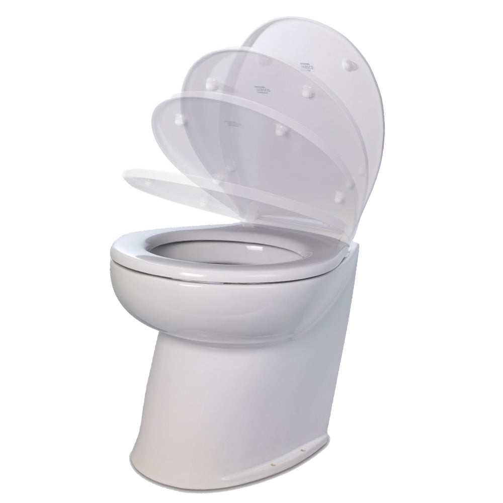 Jabsco Deluxe Flush 14 Angled Back 12V Freshwater Electric Marine Toilet wSolenoid Valve Soft Close Lid 580603012
