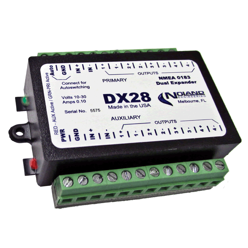 Noland Engineering - NMEA 0183 DX28 Dual Expander NSN 7025-01-606-7150  The DX28 Expander is a 2-channel signal splitter/amplifier for NMEA 0183 data signal distribution. It can be configured as one 1-in x 8-out expander, two 1-in x 4-out expanders, or an auto-switching expander.