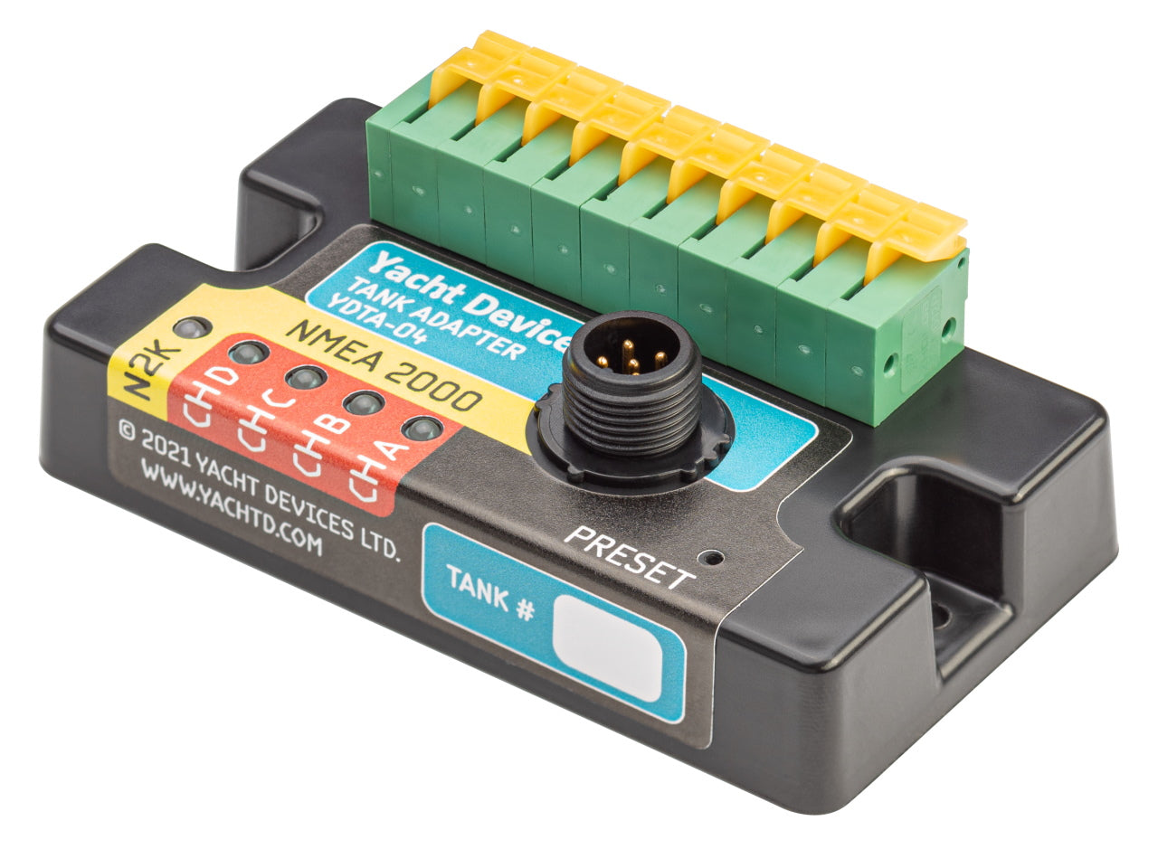Yacht Devices NMEA 2000 tank adapter on a white background. Yacht Devices Tank Adapter YDTA-04N