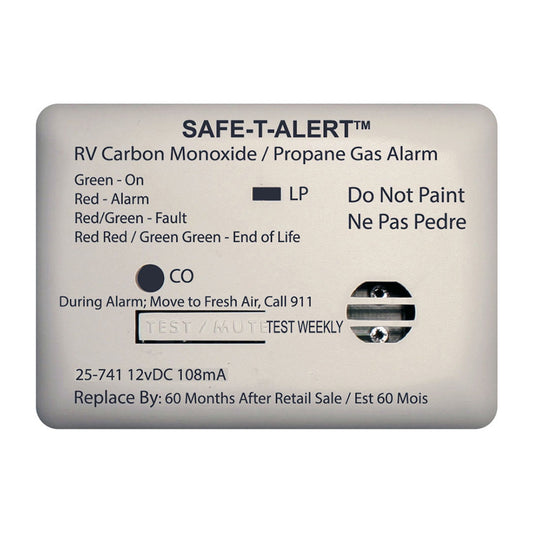 SafeTAlert 25 Series Surface Mount Dual Carbon MonoxidePropane Alarm  12V Hardwire  White 25741WT