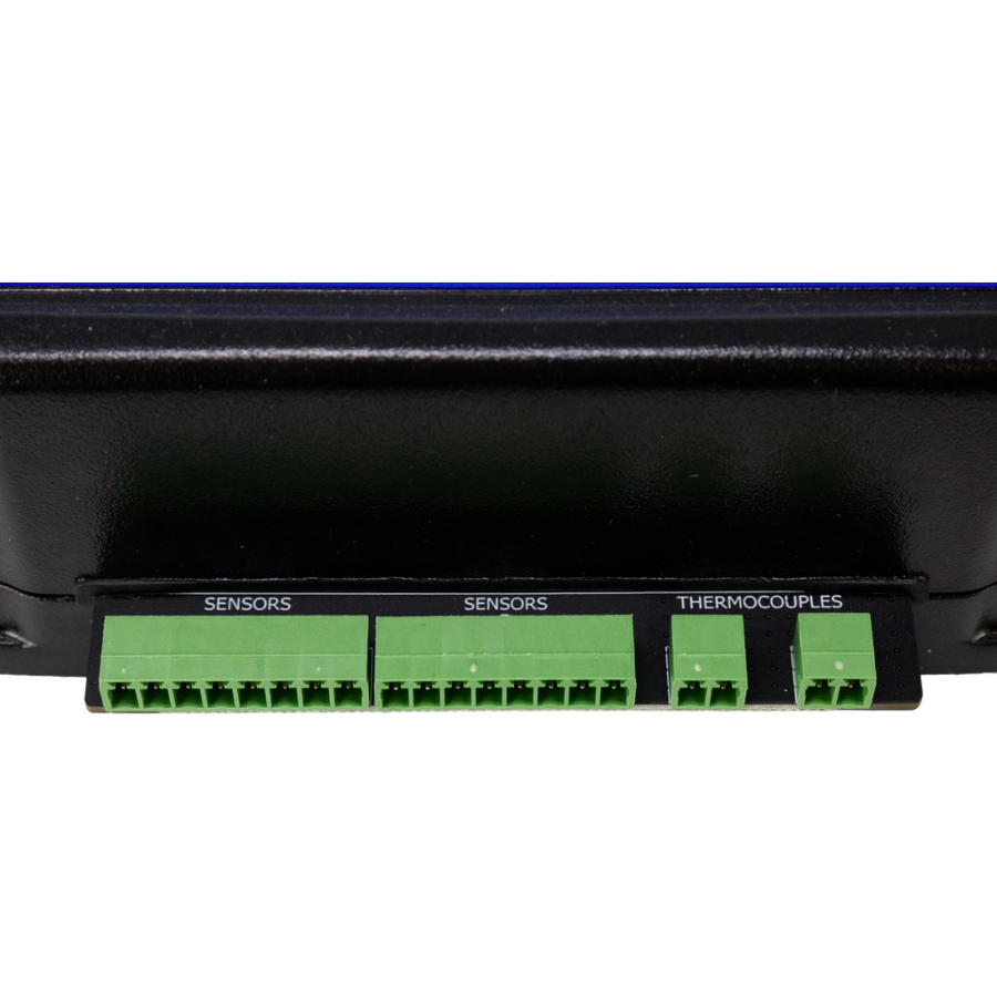Airmar SmartBoat Module - 8 Input, 2 Thermocouple, No CAN2 - ASM-C-T1
Part #ASM-C-T1
MFG #ASM-C-T1-1
Close-up of a black electronic device showing green terminal blocks labeled 'SENSORS' and 'THERMOCOUPLES' on a white background.