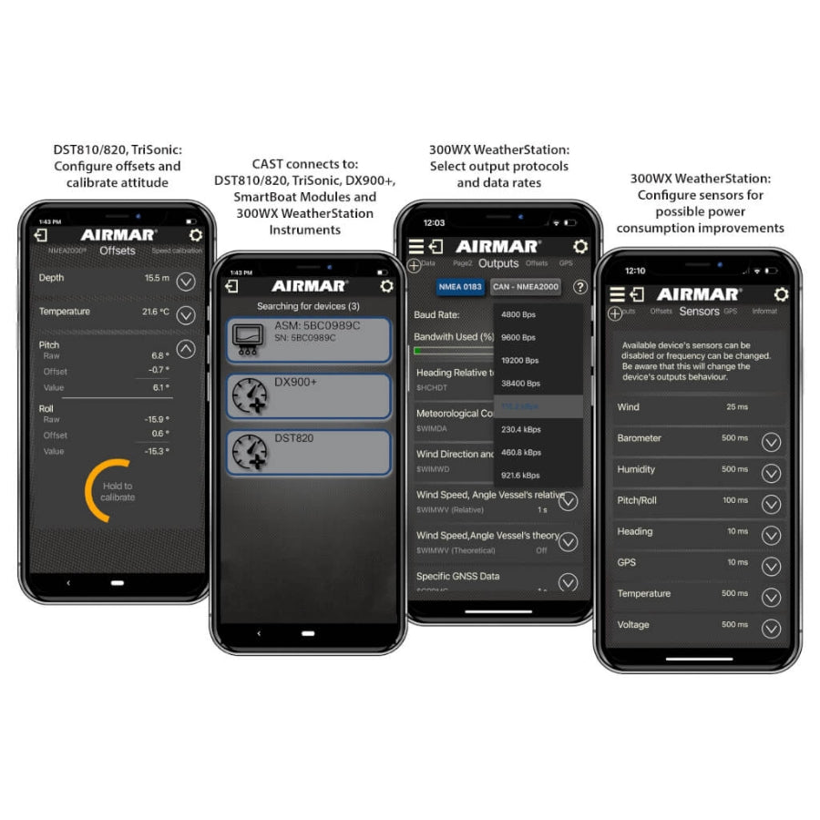 Four smartphone screens displaying the AIRMAR app with various settings and data on a white background.