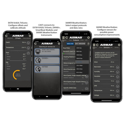 Four smartphone screens displaying the AIRMAR app with various settings and data on a white background.