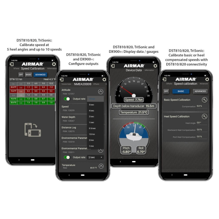 DST820 Smart® Multisensor Four smartphone screens displaying different interfaces of an application with 'AIRMAR' branding.