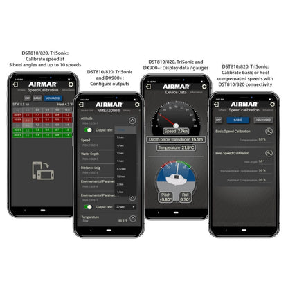 DST820 Smart® Multisensor Four smartphone screens displaying different interfaces of an application with 'AIRMAR' branding.