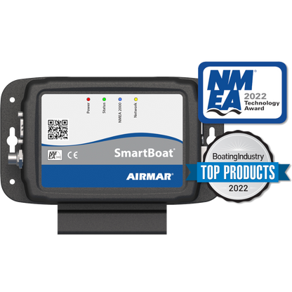 SmartBoat - Bridge Only, No Analog Inputs, W/ CAN2 and Serial - ASM-CES
Part #ASM-CES
MFG #ASM-CES-1
A smart boat electronic device with a black housing and a front label showing the Airmar SmartBoat branding, alongside award badges for NMFA Technology Award 2022 and Boating Industry Top Products 2022.