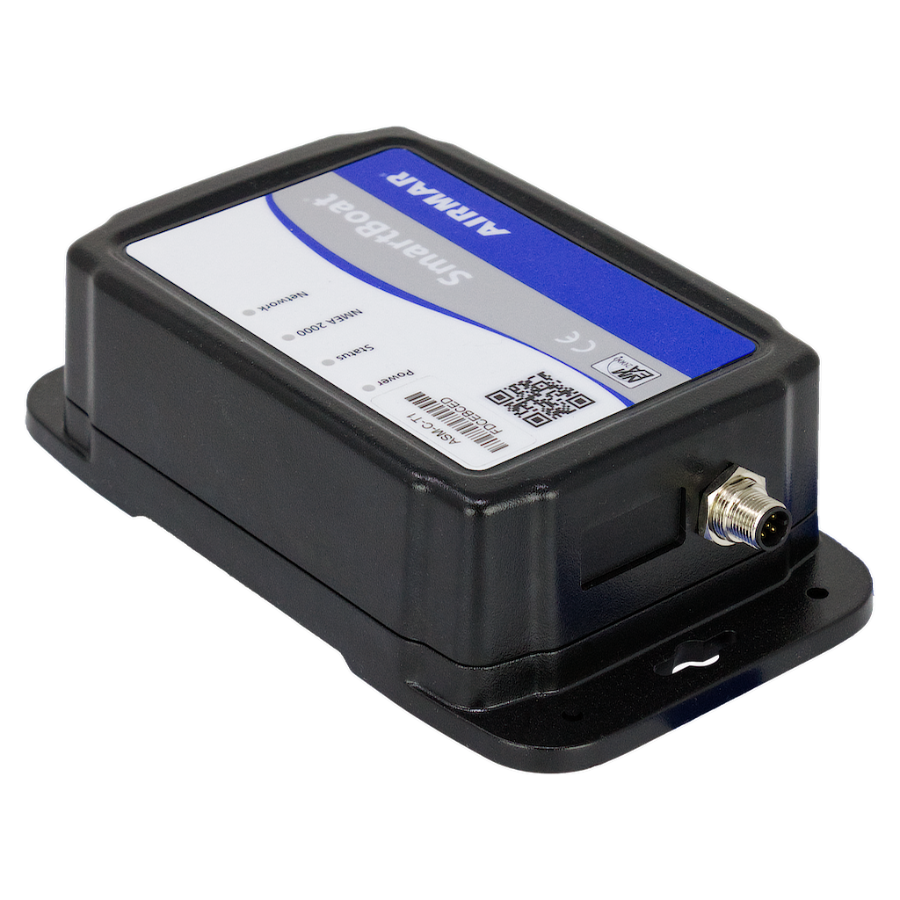 Airmar SmartBoat Module - 8 Input, 2 Thermocouple, No CAN2 - ASM-C-T1
Part #ASM-C-T1
MFG #ASM-C-T1-1A black electronic smart boat module with a blue and white label reading 'AirMar SmartBoat' and a small coaxial connector on the side, shown on a plain white background.