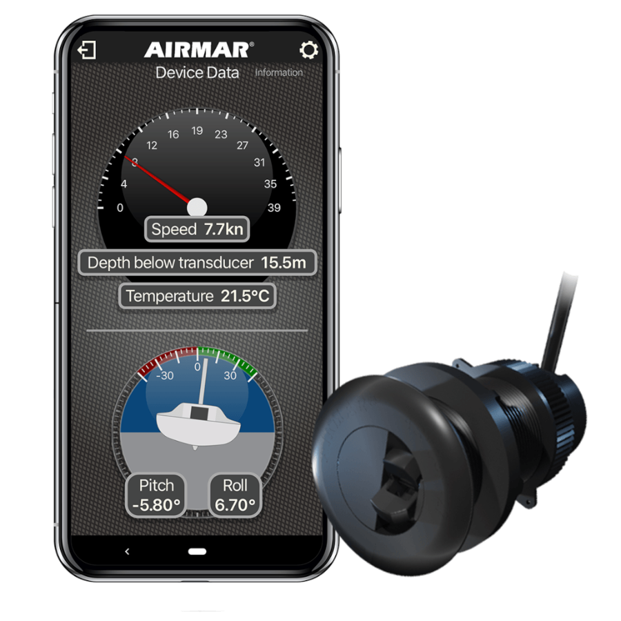 Smartphone displaying Airmar app with marine sensor on a white background