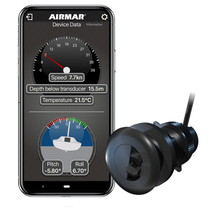 Smartphone displaying Airmar app with marine sensor on a white background