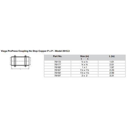Viega ProPress 2 Copper Coupling wo Stop  Double Press Connection  Smart Connect Technology 78197