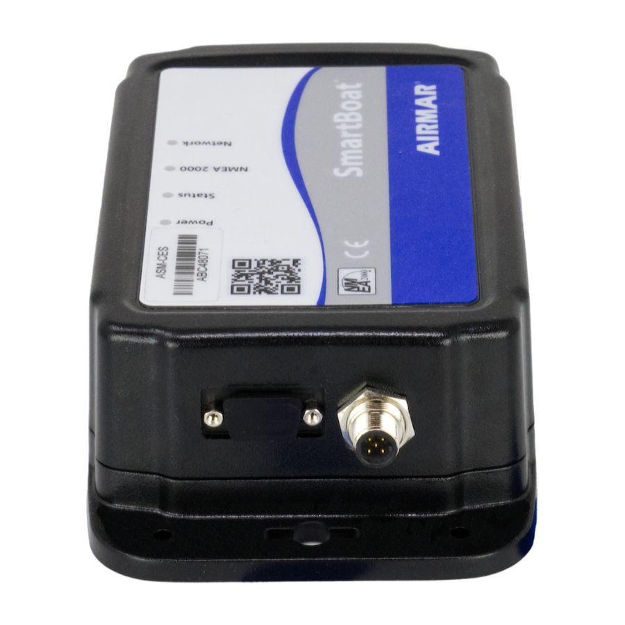 SmartBoat - Bridge Only, No Analog Inputs, W/ CAN2 and Serial - ASM-CES
Part #ASM-CES
MFG #ASM-CES-1
A black Airmar SmartBoat electronic device with a white and blue label, featuring a power cable entry and a coaxial connector on the rear face.