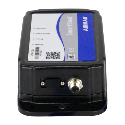 SmartBoat - Bridge Only, No Analog Inputs, W/ CAN2 and Serial - ASM-CES
Part #ASM-CES
MFG #ASM-CES-1
A black Airmar SmartBoat electronic device with a white and blue label, featuring a power cable entry and a coaxial connector on the rear face.
