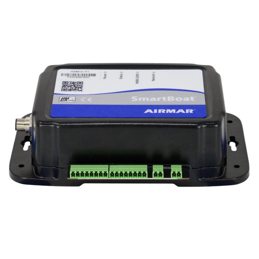 Airmar SmartBoat Module - 8 Input, 2 Thermocouple, No CAN2 - ASM-C-T1
Part #ASM-C-T1
MFG #ASM-C-T1-1
A black SmartBoat AIRMAR electronic module with a white and blue label, featuring green terminal blocks on the front, photographed on a solid white background.