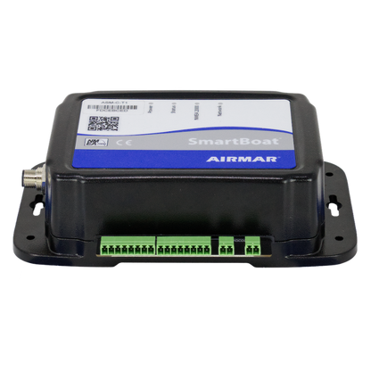 Airmar SmartBoat Module - 8 Input, 2 Thermocouple, No CAN2 - ASM-C-T1
Part #ASM-C-T1
MFG #ASM-C-T1-1
A black SmartBoat AIRMAR electronic module with a white and blue label, featuring green terminal blocks on the front, photographed on a solid white background.