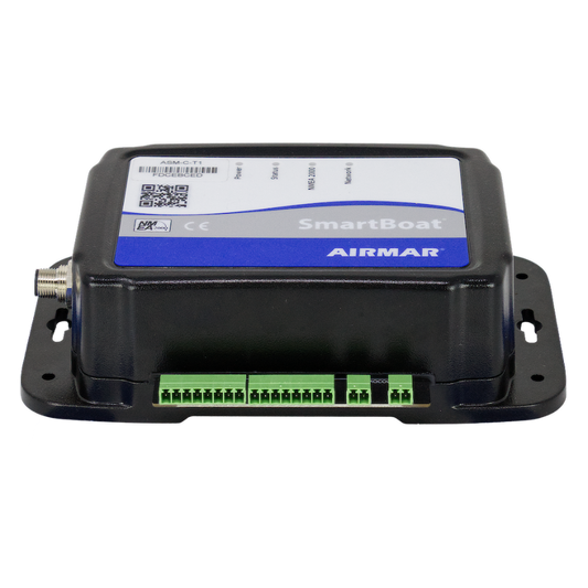 Airmar SmartBoat Module - 8 Input, 2 Thermocouple, No CAN2 - ASM-C-T1
Part #ASM-C-T1
MFG #ASM-C-T1-1
A black SmartBoat AIRMAR electronic module with a white and blue label, featuring green terminal blocks on the front, photographed on a solid white background.