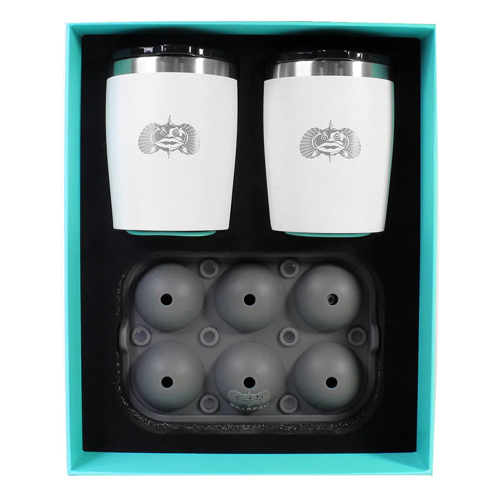 Toadfish NonTipping 10oz White Rocks Tumblers wIce Ball Tray  2 Tumblers 1119