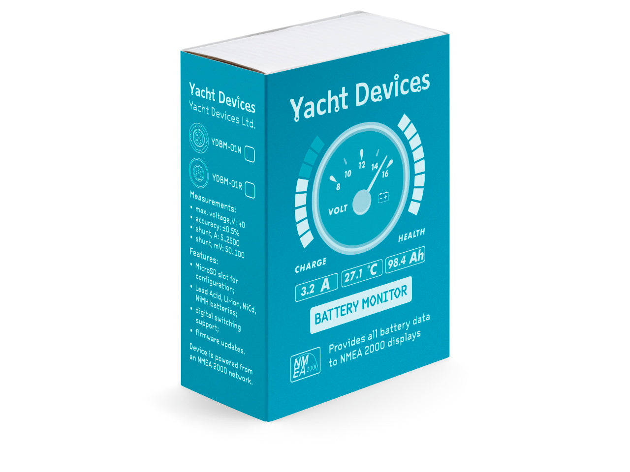 A teal and white product box for a 'Yacht Devices' battery monitor, shown at a three-quarter angle on a plain white background.