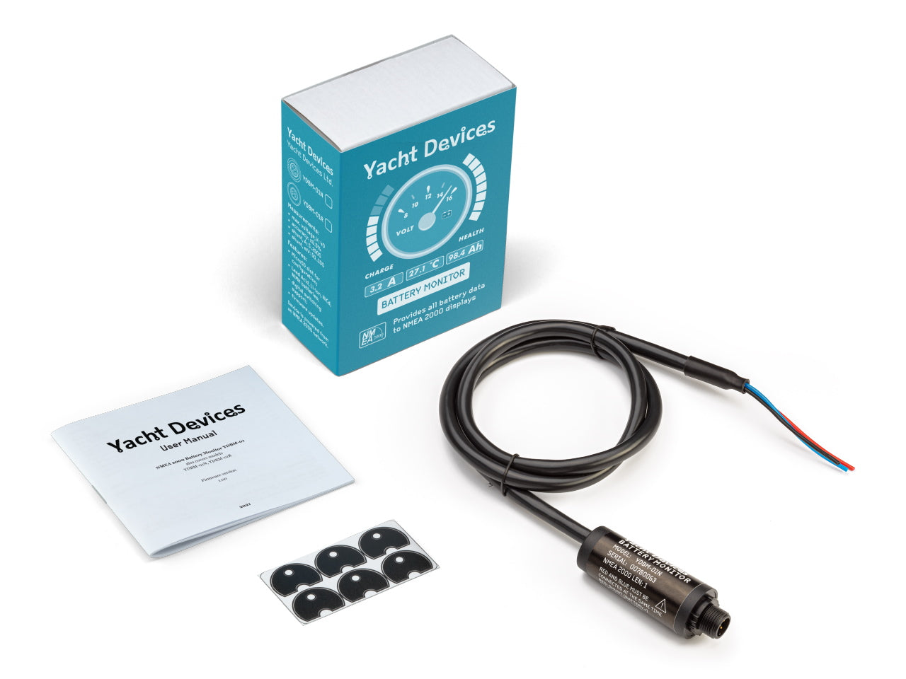 Yacht Devices Battery Monitor YDBM-02
Yacht Devices 12V temperature sensor kit with a black cable, sensor module, blue retail box, user manual, and mounting clips on a white background.