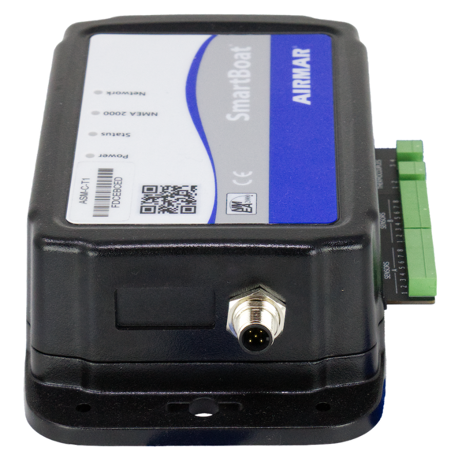 Airmar SmartBoat Module - 8 Input, 2 Thermocouple, No CAN2 - ASM-C-T1
Part #ASM-C-T1
MFG #ASM-C-T1-1
An Airmar SmartBoat marine electronic device with a black plastic housing, a white and blue label, a silver terminal connector, and a green terminal block on the side, shown on a white background.