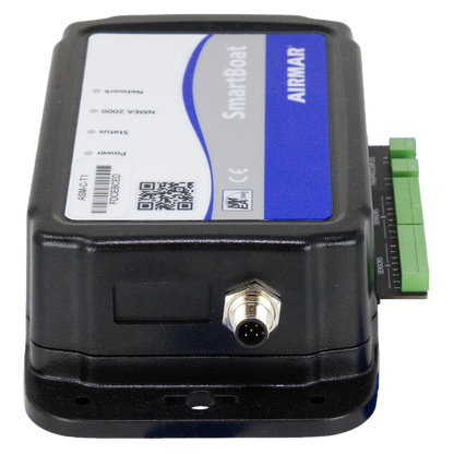 Airmar SmartBoat Module - 8 Input, 2 Thermocouple, No CAN2 - ASM-C-T1
Part #ASM-C-T1
MFG #ASM-C-T1-1
An Airmar SmartBoat marine electronic device with a black plastic housing, a white and blue label, a silver terminal connector, and a green terminal block on the side, shown on a white background.