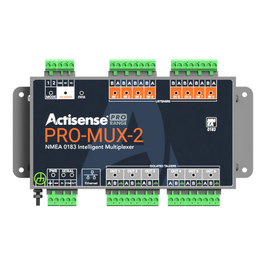 Actisense Professional NMEA 0183 Intelligent Multiplexer PRO-MUX-2 Eight OPTO-isolated inputs and six ISO-Drive™isolated outputs. Offering device protection and excellent flexibility, all in one product.
