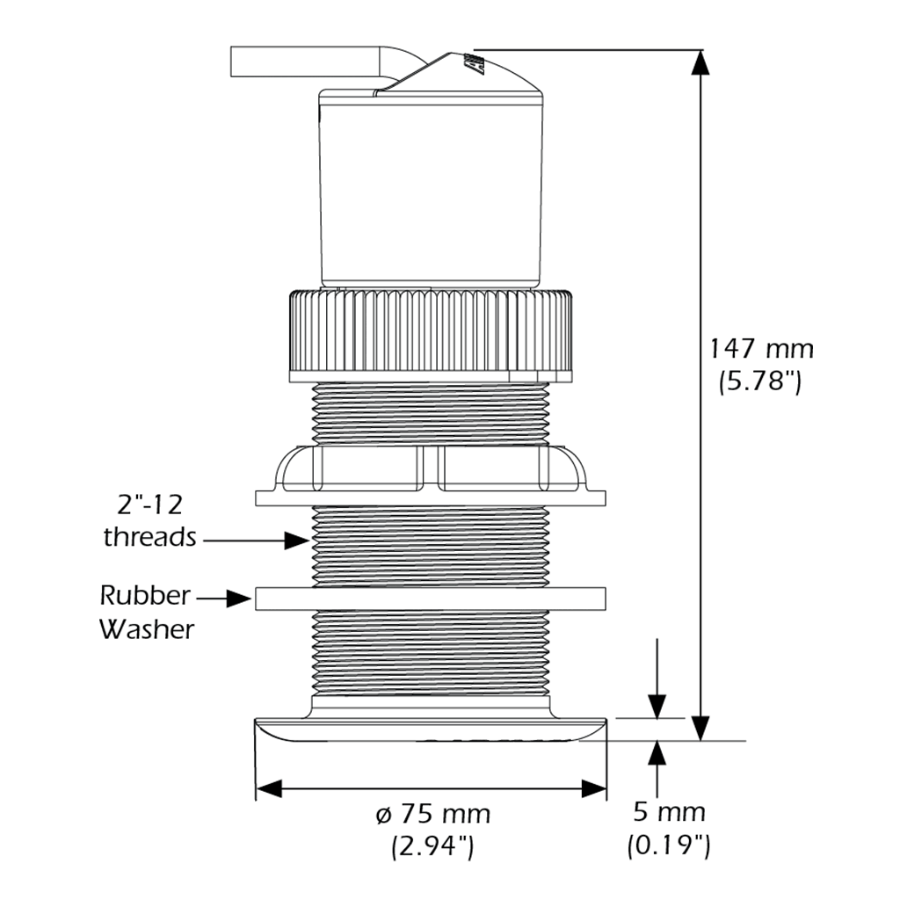 UDST820 TRISONIC, N2K, PLASTIC HSG, DST

Part #UDST820P-N2

MFG #UDST820-40-1
Technical dimension diagram of a threaded pump assembly with rubber washer, showing measurements of 147 mm height, 75 mm diameter, and 5 mm washer width with thread specification 2"-12 threads.