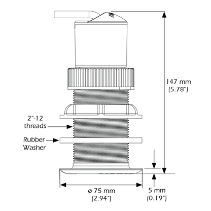 UDST820 TRISONIC, N2K, PLASTIC HSG, DST

Part #UDST820P-N2

MFG #UDST820-40-1
Technical dimension diagram of a threaded pump assembly with rubber washer, showing measurements of 147 mm height, 75 mm diameter, and 5 mm washer width with thread specification 2"-12 threads.
