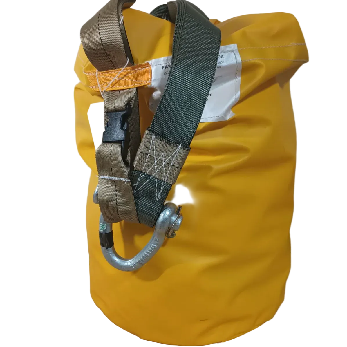 Spherachutes Anchor -Formally Para-Tech Sea Anchor 
Yellow waterproof bag with straps and a carabiner on a plain background
