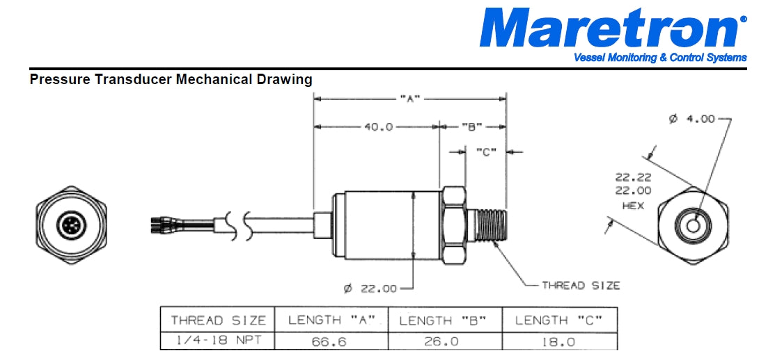Maretron Pressure Transducer 0 to 5000 PSI (FPM100 Accessory) PT-0-5000PSI
